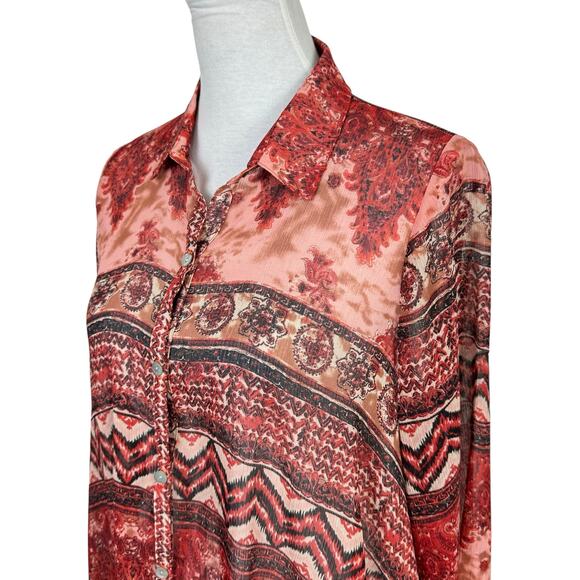 Uncle Frank Red Mixed Print Sheer Chiffon Button Down Asymmetrical Tunic Dress - Picture 4 of 8